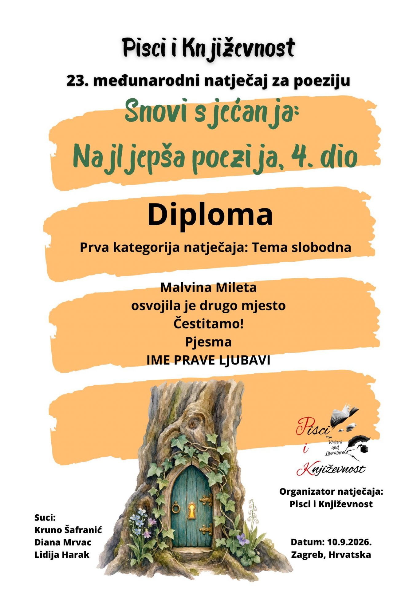 Pjesma „Ime prave ljubavi” Malvine Milete osvojila drugo mjesto na međunarodnom književnom natječaju